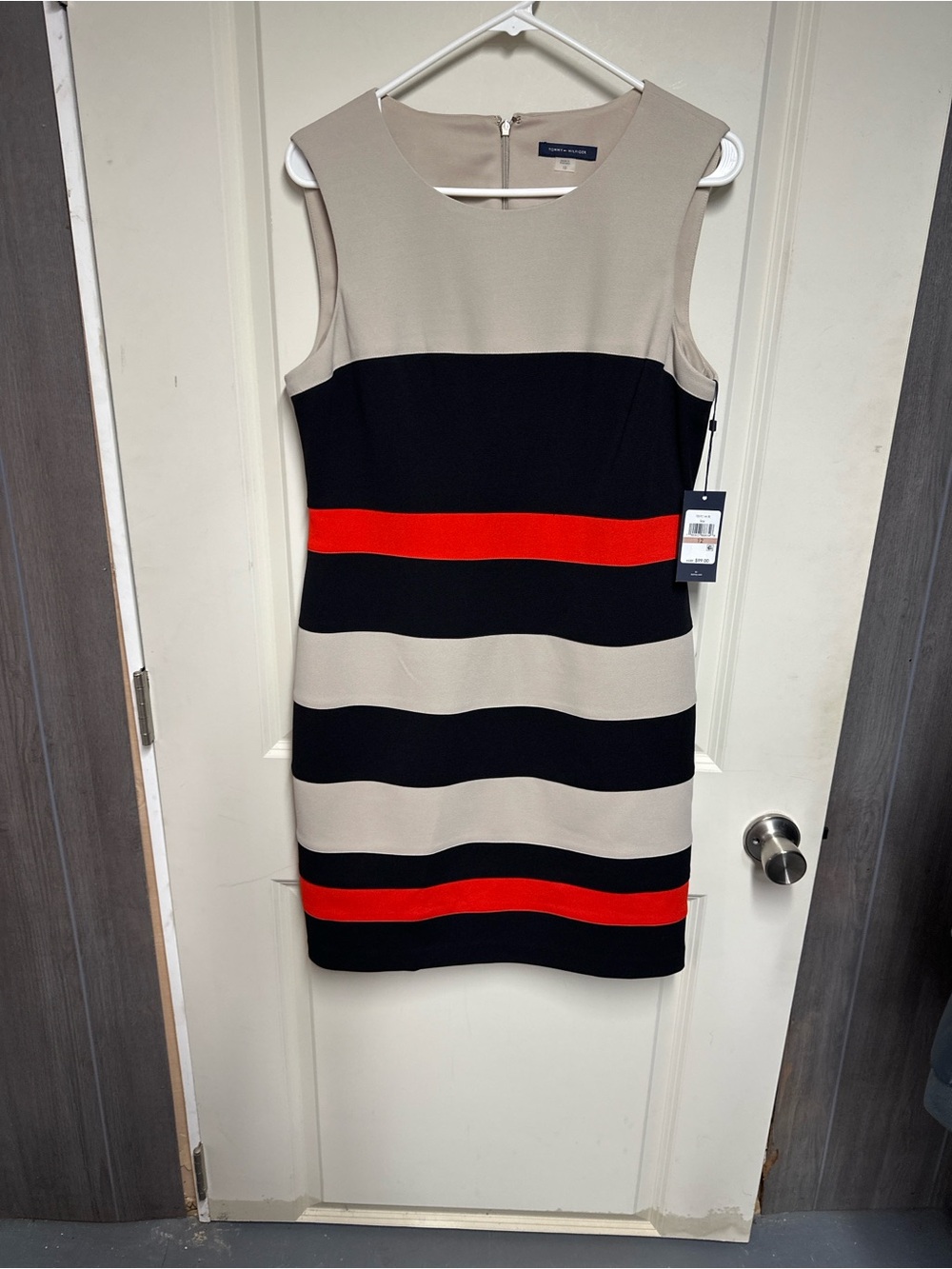 Tommy Hilfiger Sleeveless Striped Sheath Dress in Black, Cream & Red NWT size 12